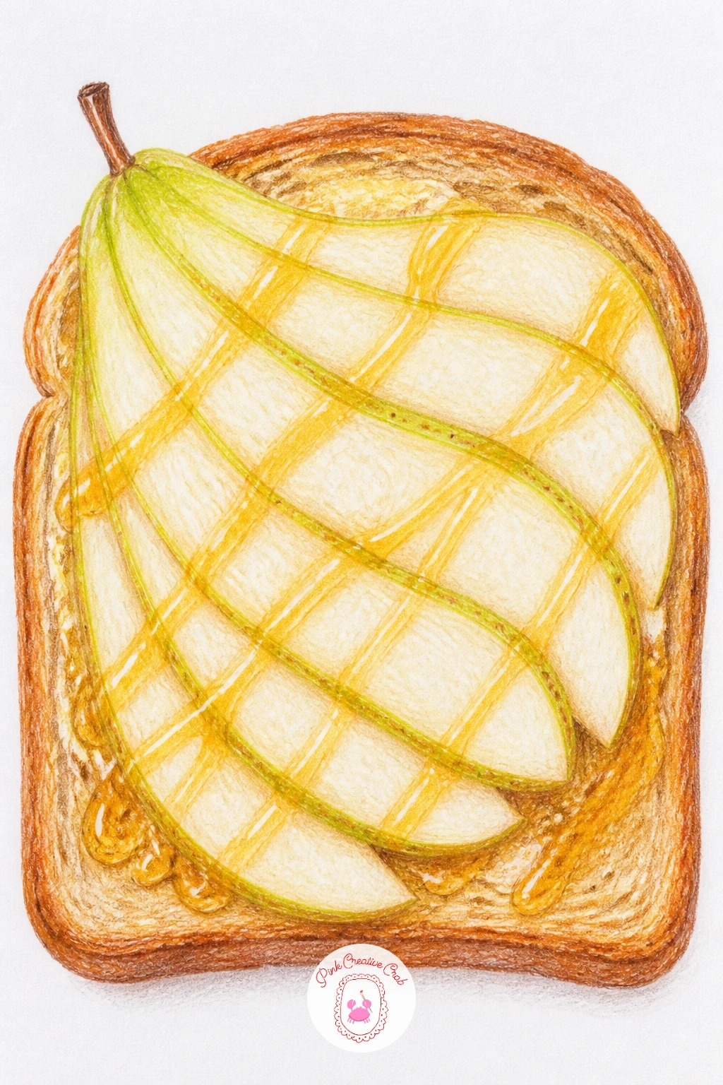 Pear Slices Fanned On Toast With Honey — Move to breakfast with thin pear slices fanned across a piece of toast, honey drizzled over the top. Pear drawing