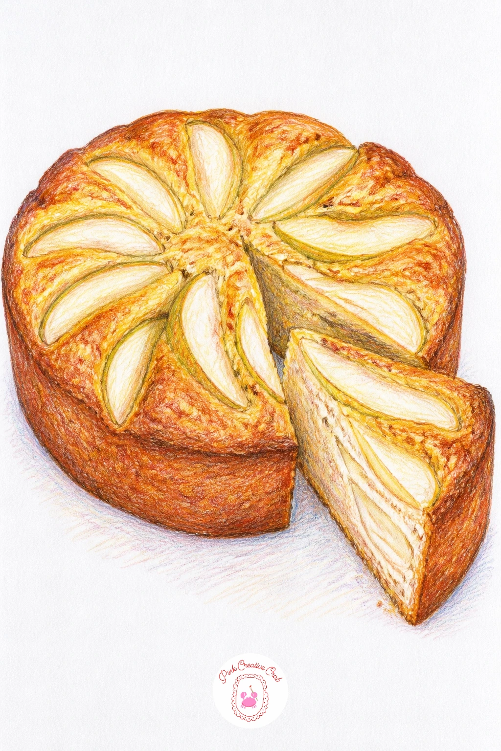 Pear Cake With One Slice Cut — Close the list with a pear cake, one slice already cut and pulled slightly away to show the inside. Pear drawing
