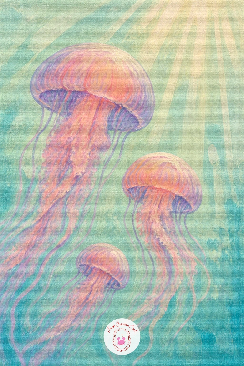 Three Jellyfish Rising Toward Light — Once a single jellyfish feels comfortable, try three rising together toward rays of sunlight. Jellyfish painting