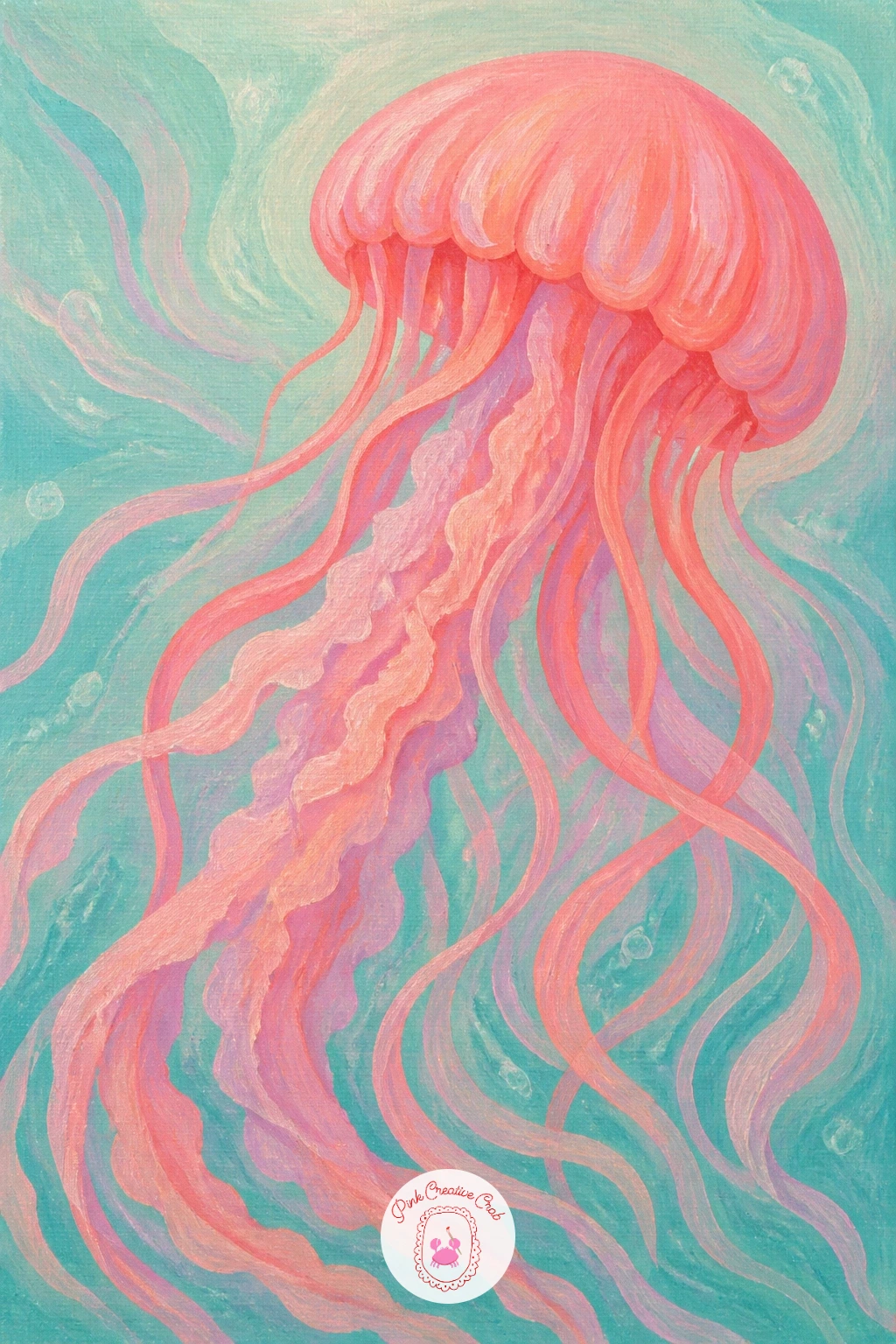 Coral Pink Jellyfish With Ribbons — This jellyfish swaps the usual pale palette for coral pink, and the long ribbon tentacles give you a chance to practice