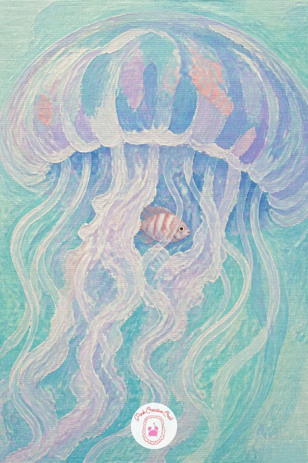 Tiny Fish Hiding In Tentacles — This idea pairs a jellyfish with a small fish tucked among its tentacles for safety, a nice bit of storytelling without adding