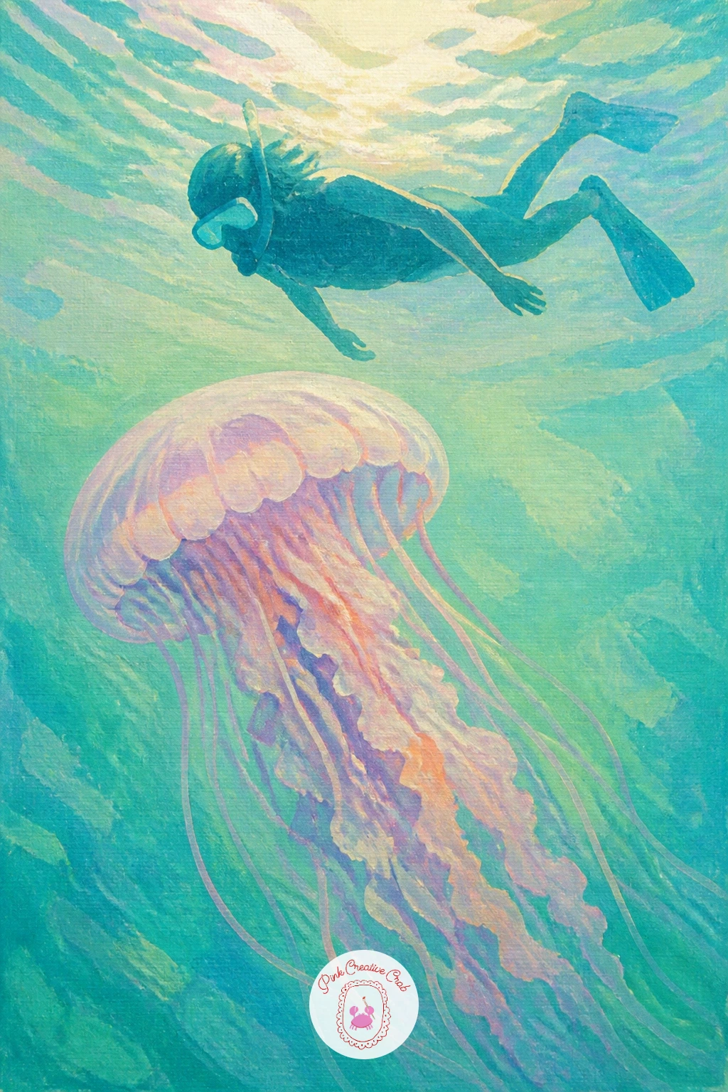 Snorkeler Watching A Jellyfish — Adding a snorkeler gives this jellyfish painting a sense of scale and a quiet little story: someone pausing in the water to