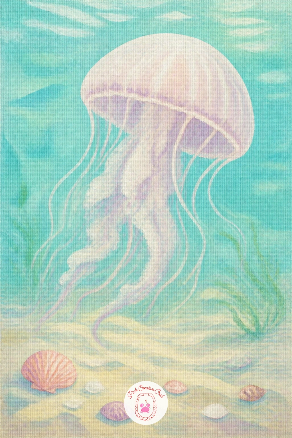 Jellyfish Over A Sandy Seabed — This jellyfish gets a full setting rather than floating in open water, with a sandy seabed scattered with shells along the