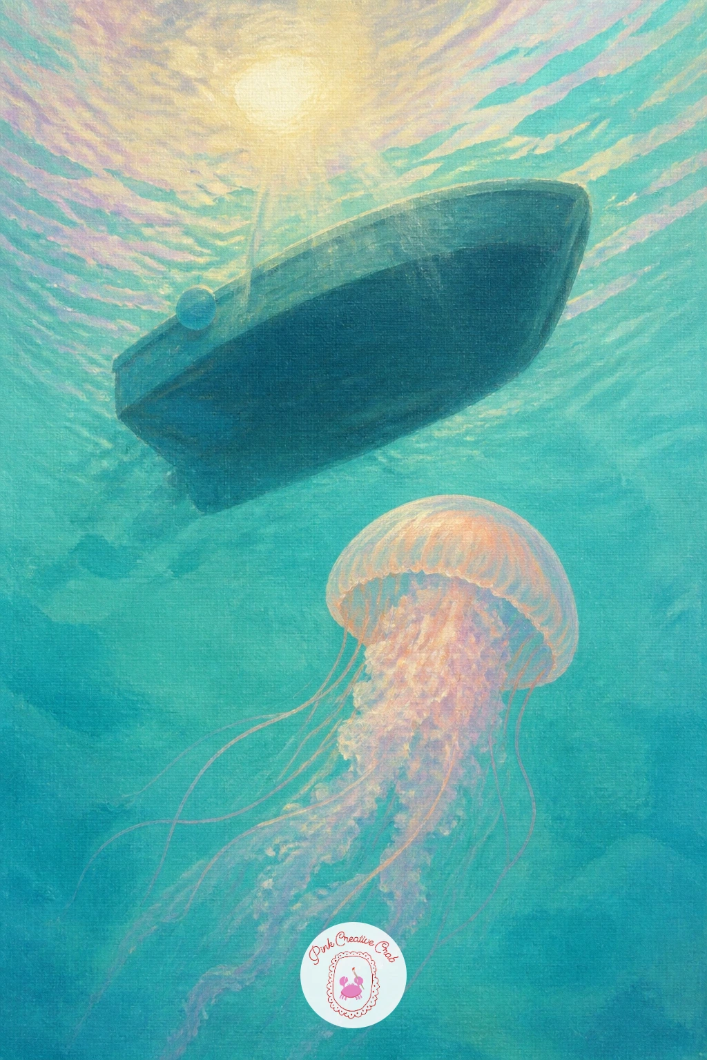 Little Boat Seen From Underwater — Here the eye level flips entirely: you are underwater looking up at the pale underside of a little boat, with a jellyfish