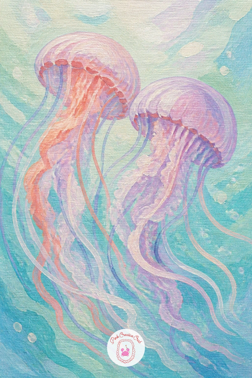 Two Jellyfish Drifting Like Dancers — Pairing two jellyfish facing slightly toward each other gives this painting the feel of a slow, graceful dance. Jellyfish