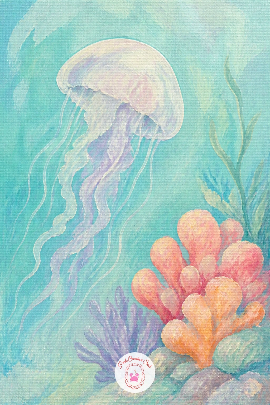 Jellyfish Beside A Coral Reef — This jellyfish gets a lively neighbor in the form of a small coral reef along one side of the canvas. Jellyfish painting