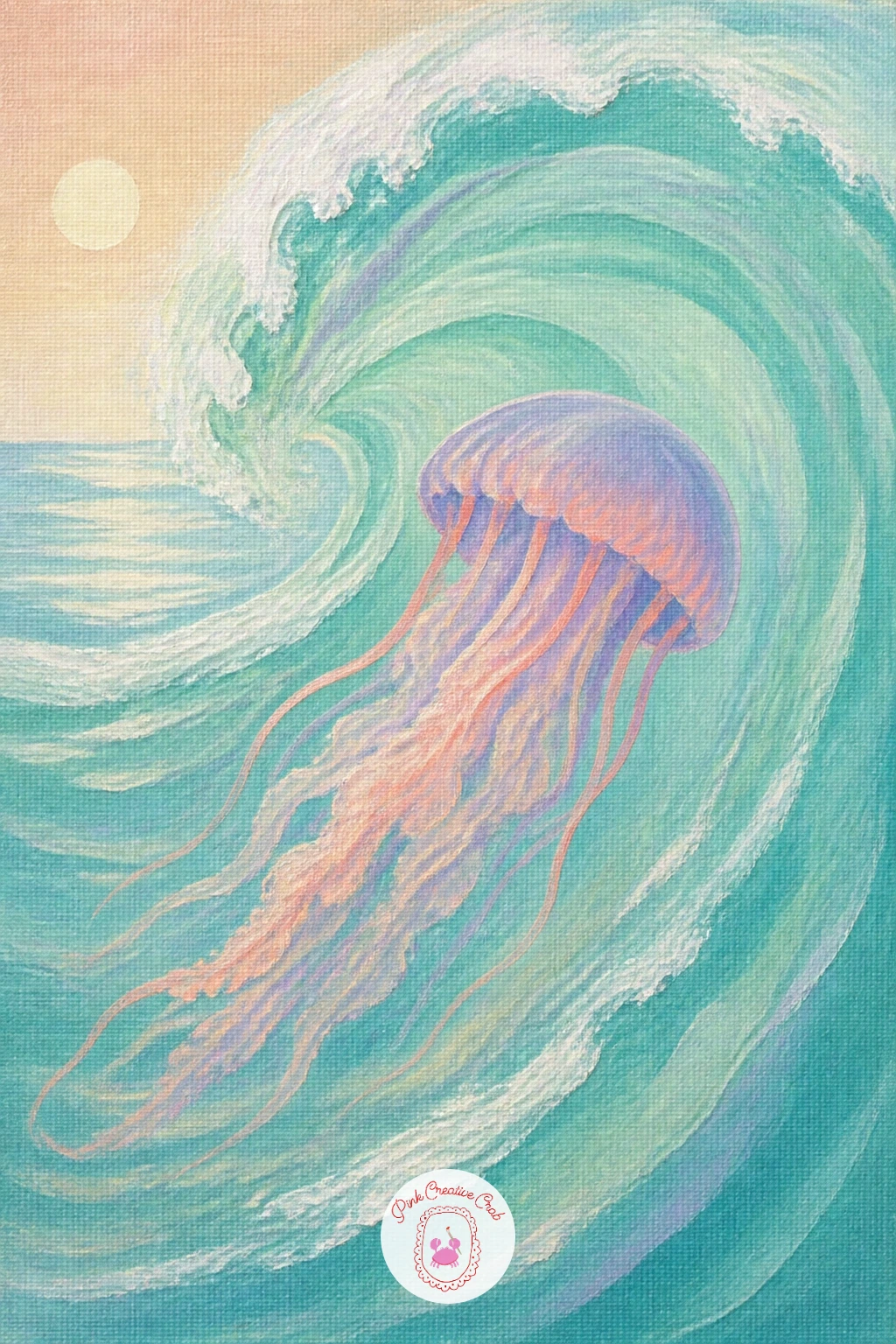 Jellyfish In A Sunlit Wave — Catching a jellyfish inside a curling, sunlit wave adds motion that the calmer floating poses do not have. Jellyfish painting