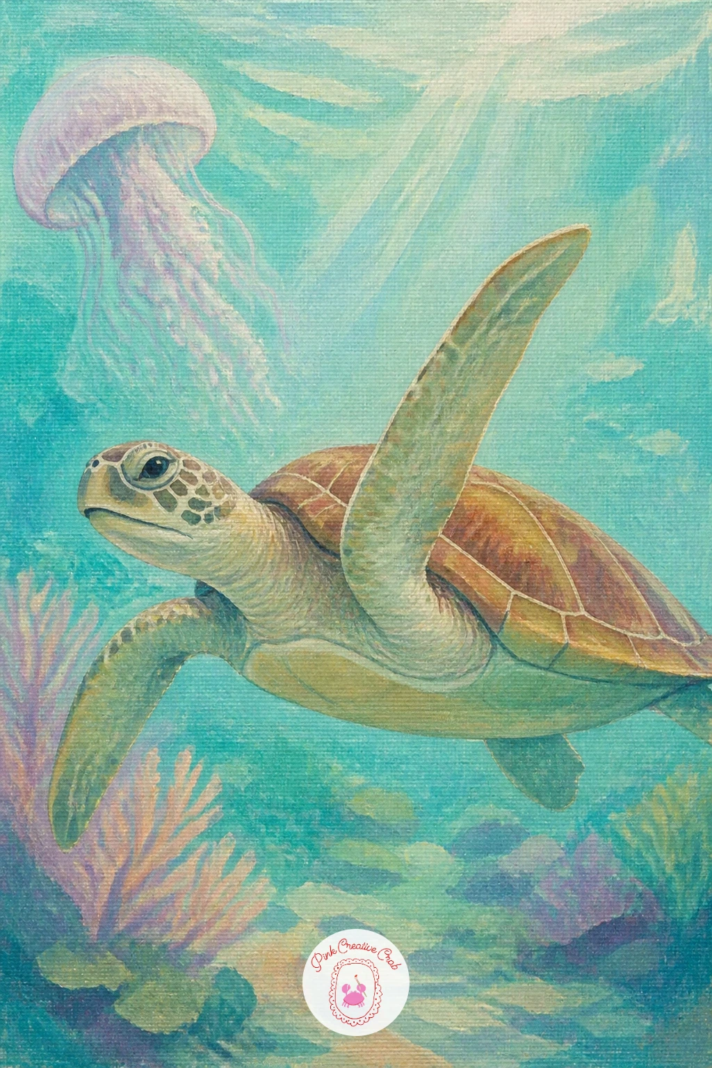 Jellyfish And Sea Turtle Passing — Pairing a jellyfish with a sea turtle as they pass each other gives you two very different shapes to balance on one canvas.