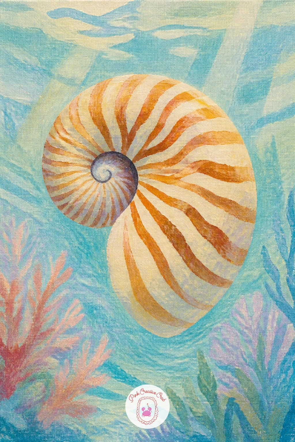 Nautilus Drifting Through Blue Water — The nautilus shell is one of the most satisfying shapes to paint because of its neat spiral, and it drifts calmly rather