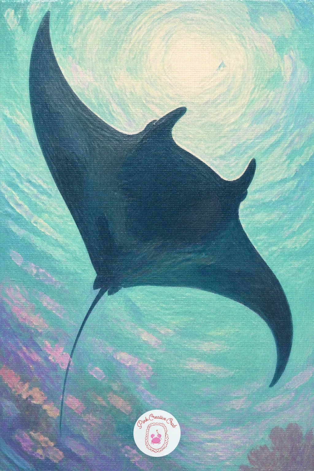 Manta Ray Gliding Overhead — Painting a manta ray from below, gliding overhead against bright water, is a nice change in scale after the smaller creatures on