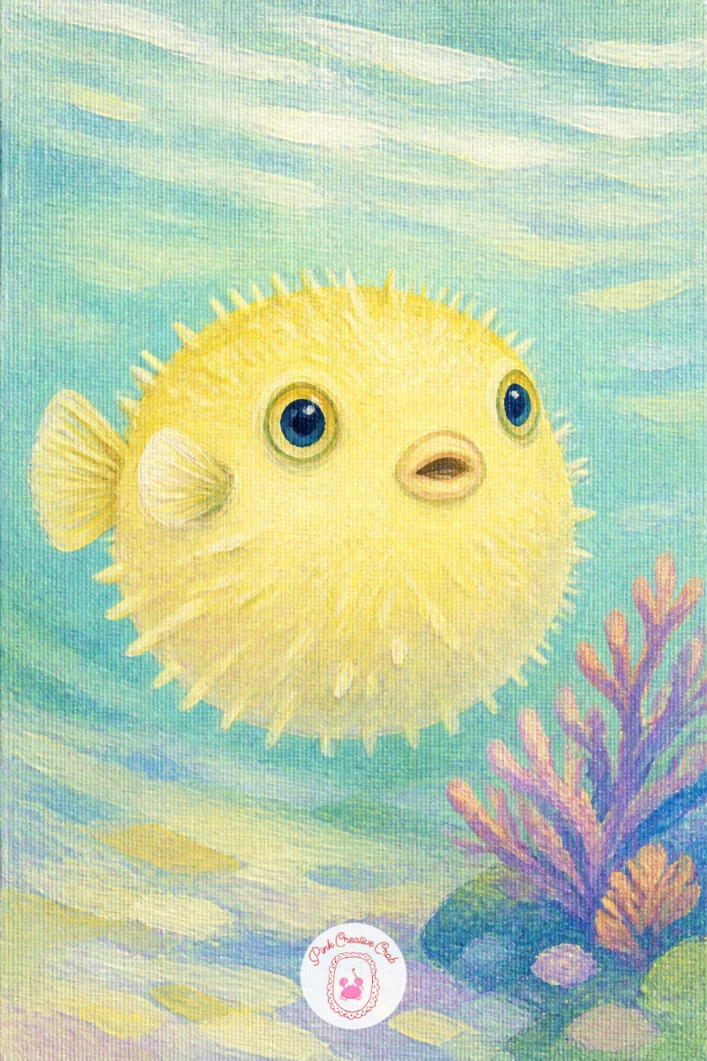 Pufferfish Beside Coral — A puffed-up pufferfish is a fun, rounded subject that sits well next to a small piece of coral. Jellyfish painting