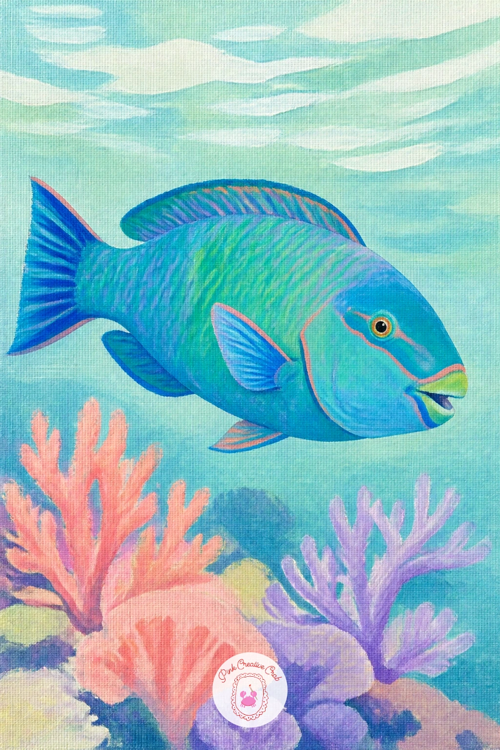 Parrotfish In A Coral Garden — A parrotfish gives you a reason to paint a fuller little coral garden, since these fish are always shown moving through busy