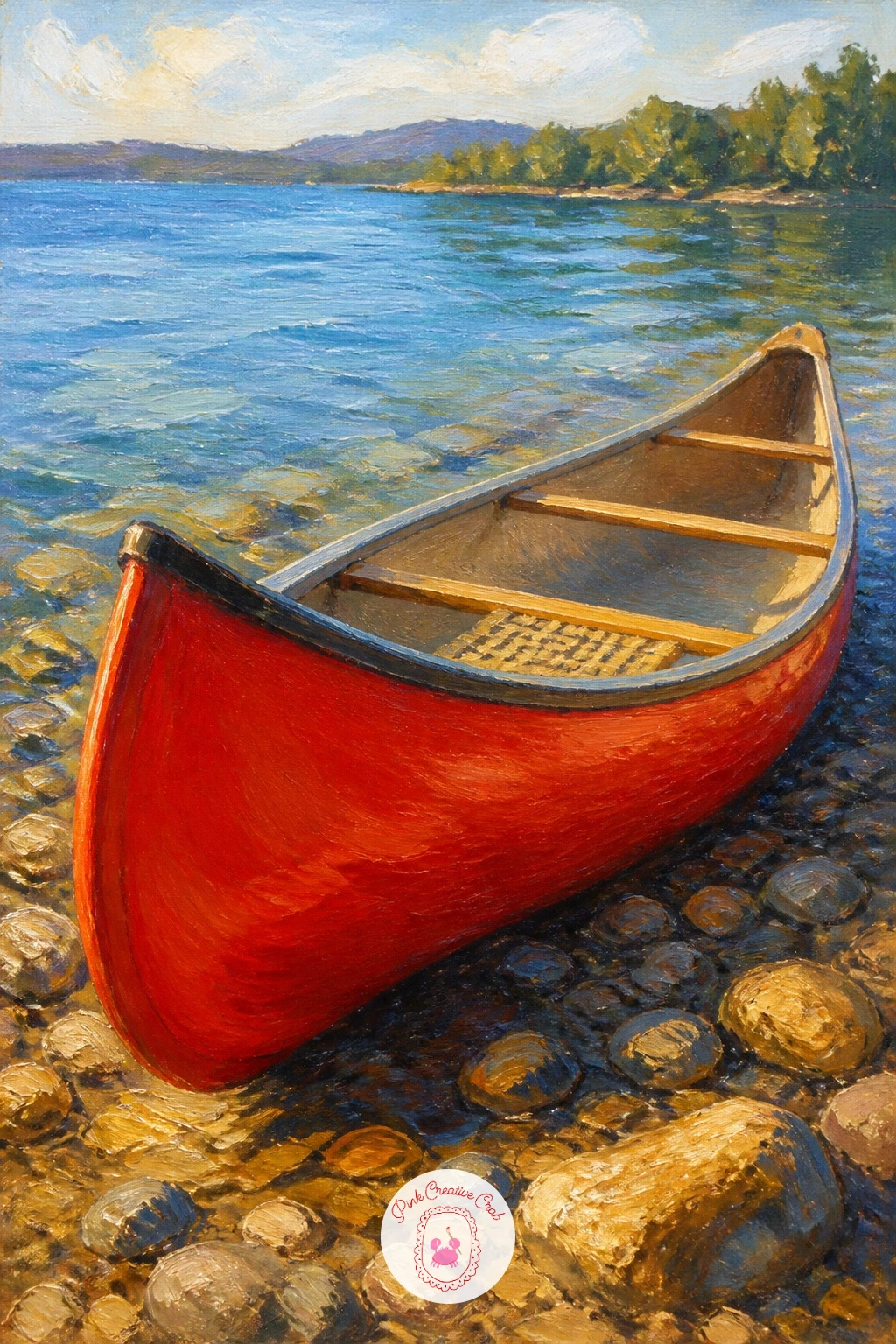 Red Canoe on a Pebble Shore — Block in the canoe first, because every other shape in this painting answers to it. Lake painting