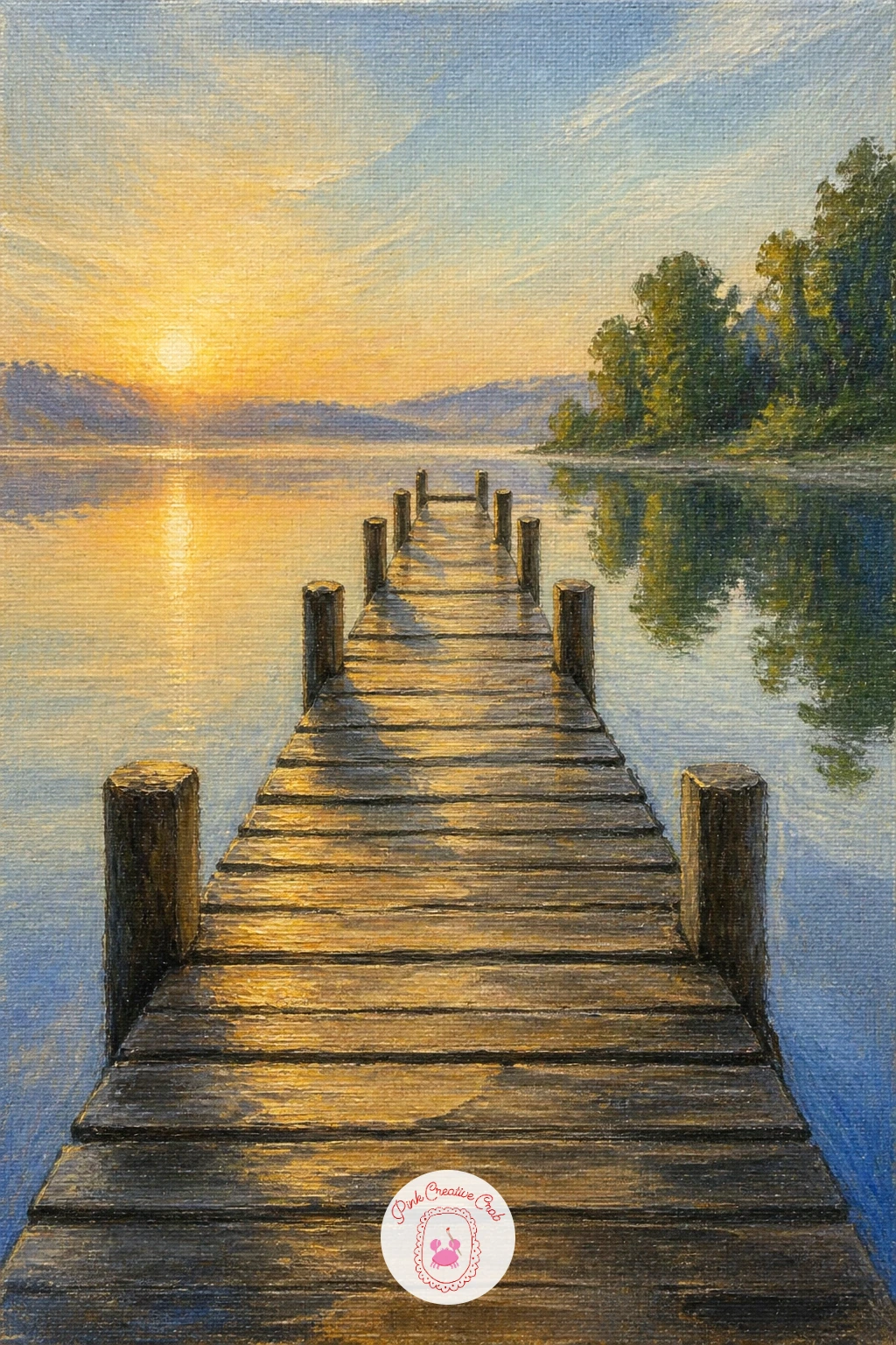 Wooden Dock at Morning — Start the dock stretching into a calm lake with the vanishing point, since this whole scene lives or dies on its perspective. Lake