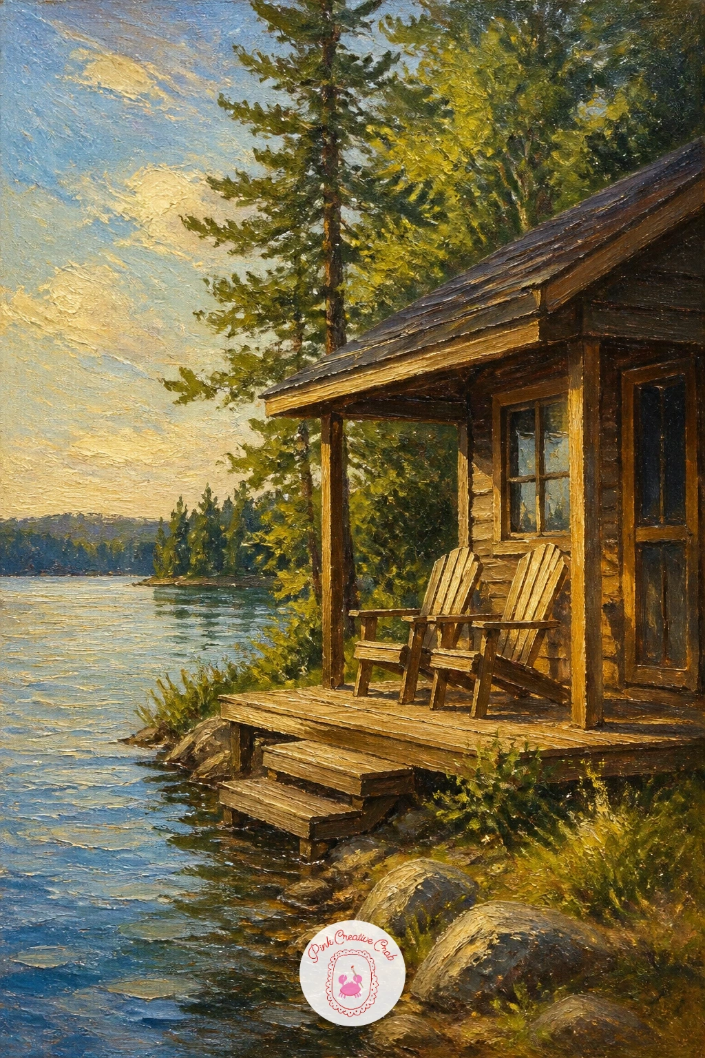 Lakeside Cabin With Porch Chairs — Following the dock, give the lake somewhere to be looked at from. Lake painting