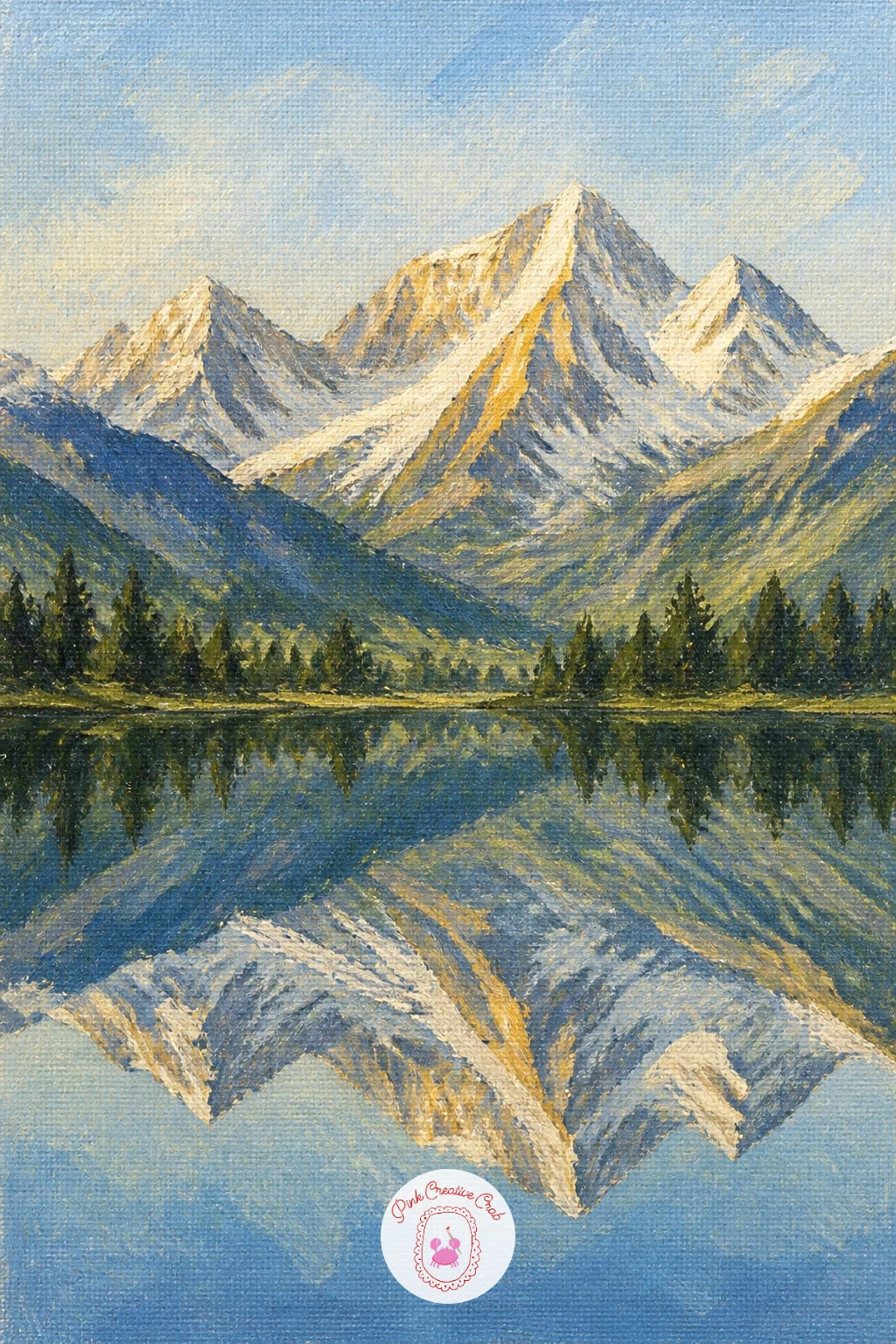 Mountains Reflected in Still Water — After a cabin scene, try something wider: mountains mirrored perfectly in the lake below them. Lake painting