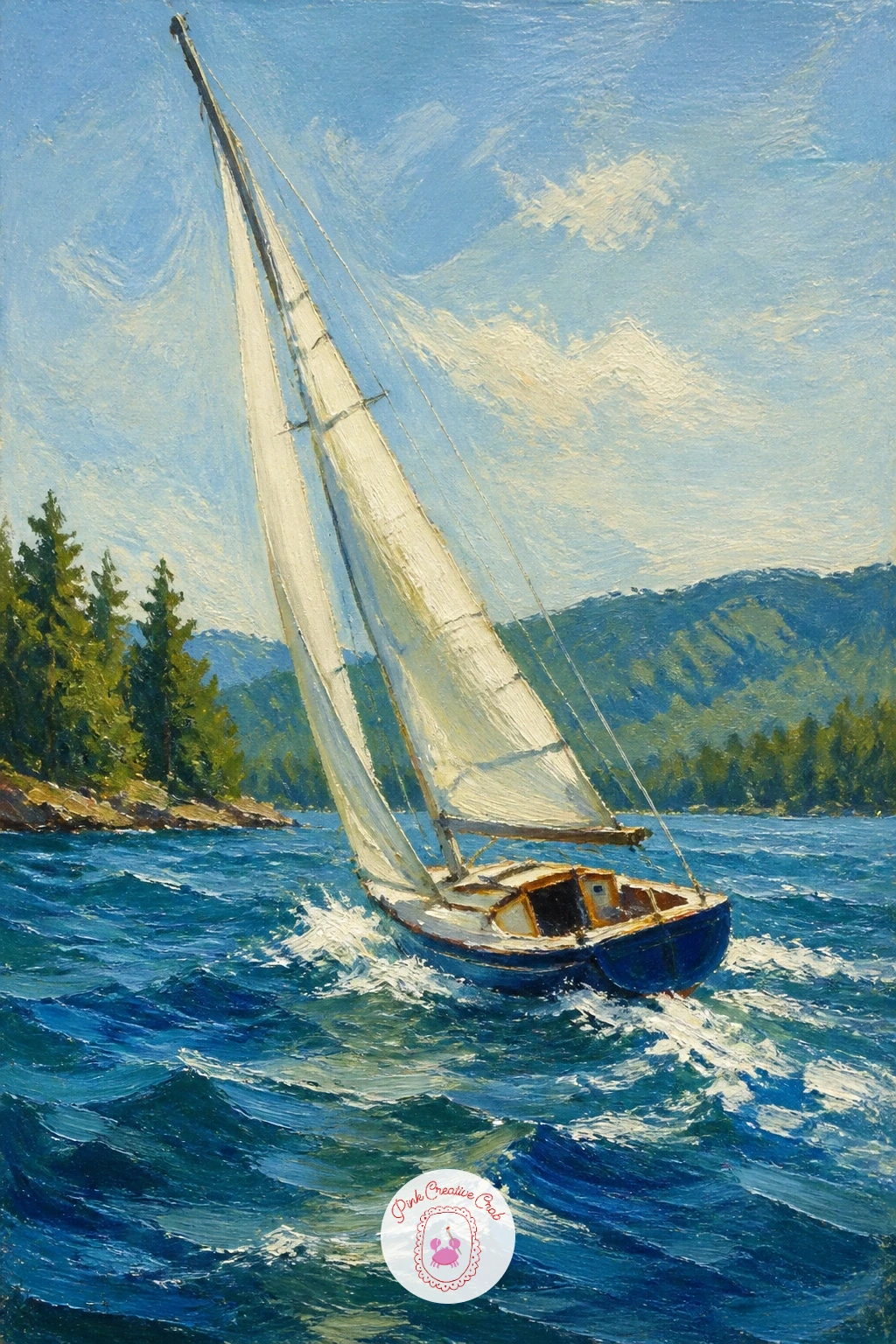 Sailboat on a Breezy Lake — Give the water some motion now with a sailboat leaning into a breeze. Lake painting