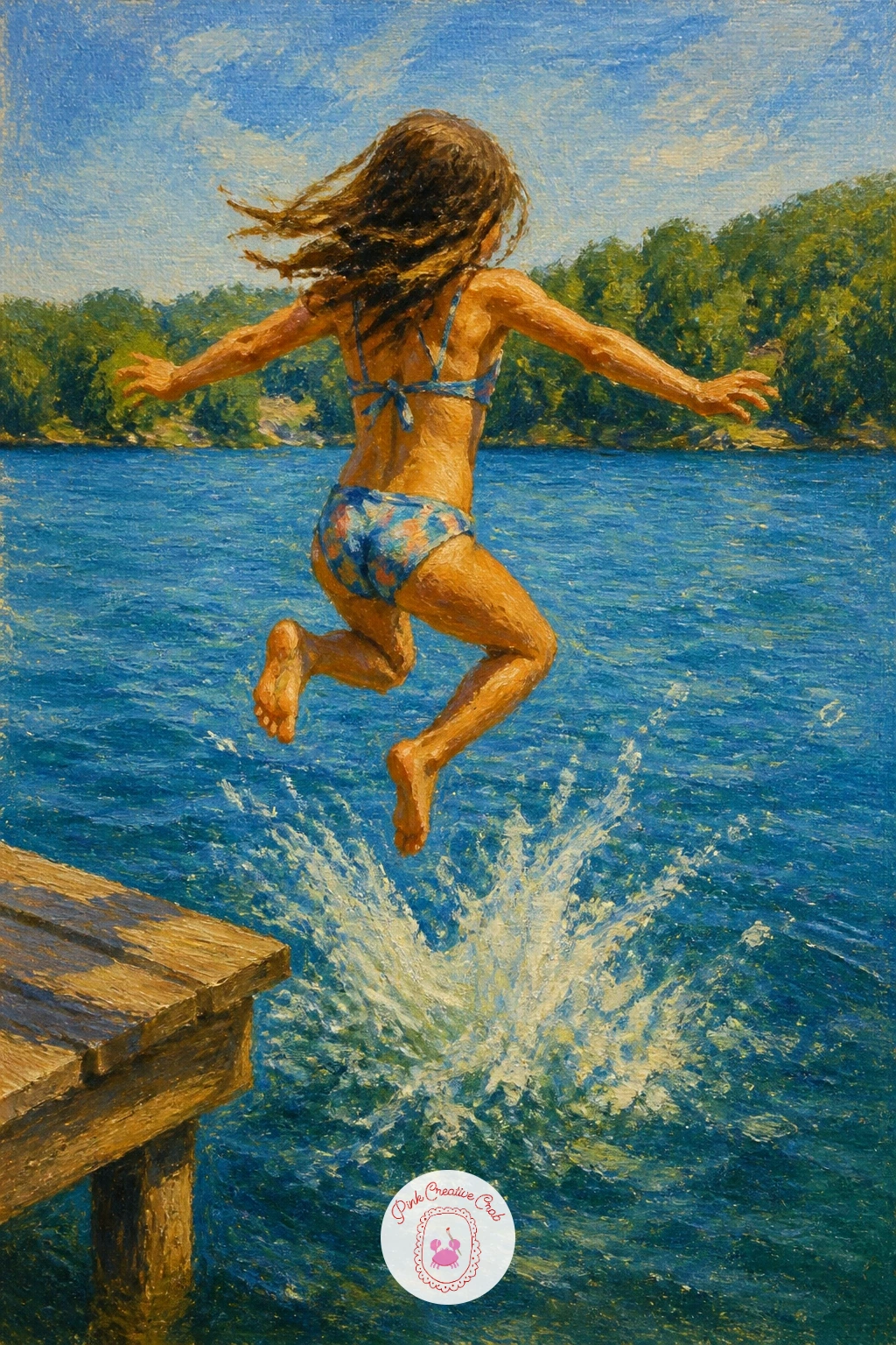 Girl Jumping Off the Dock — Bring a little life onto the water with a girl caught mid jump off the dock. Lake painting
