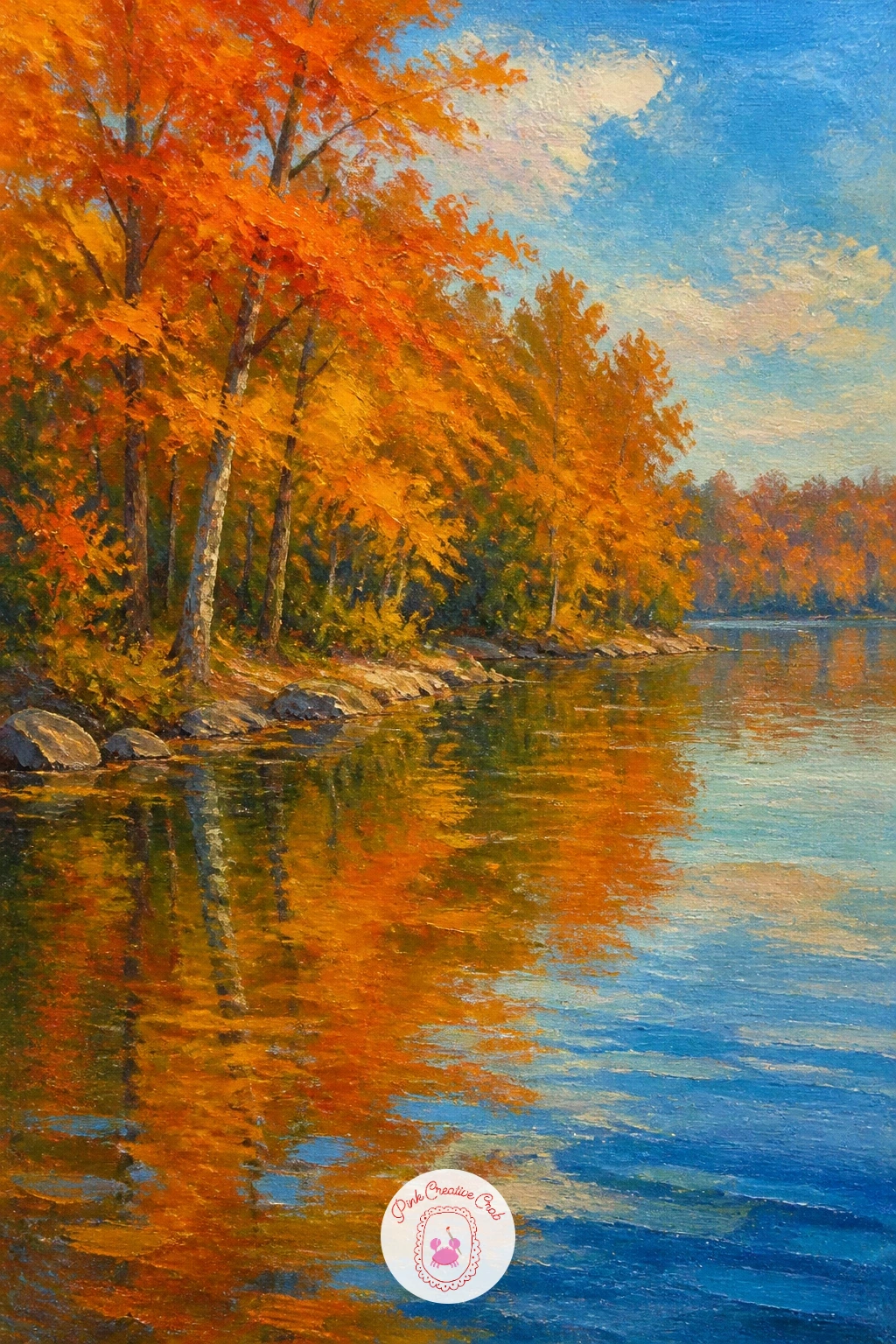 Autumn Lake With Orange Shore Trees — Move the season forward with a lake framed by orange autumn trees. Lake painting
