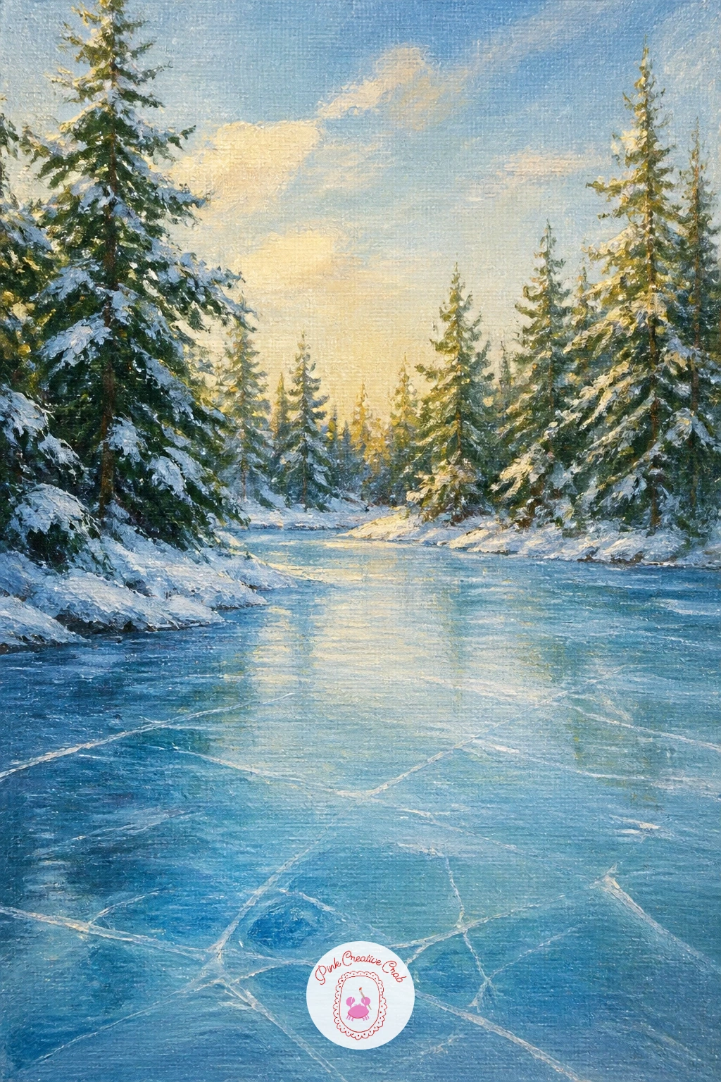 Frozen Lake With Snow Pines — Turn the season again toward winter with a frozen lake edged by snow heavy pines. Lake painting