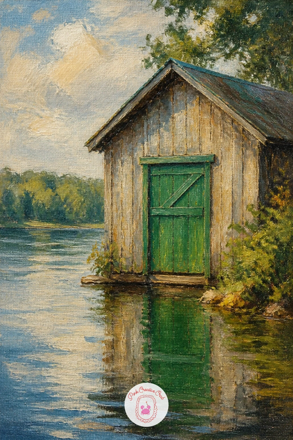 Boathouse With a Green Door — Bring in a built structure again with a boathouse standing right at the water's edge. Lake painting