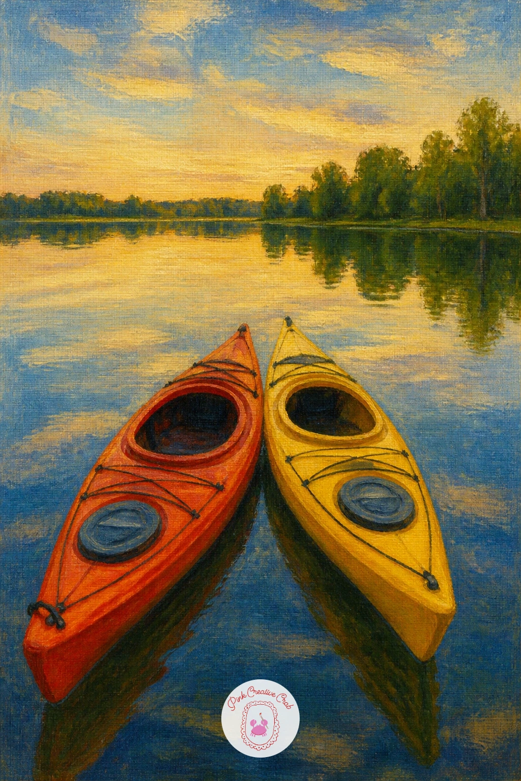 Two Kayaks on Glassy Water — Keep the water still again for two kayaks resting side by side. Lake painting