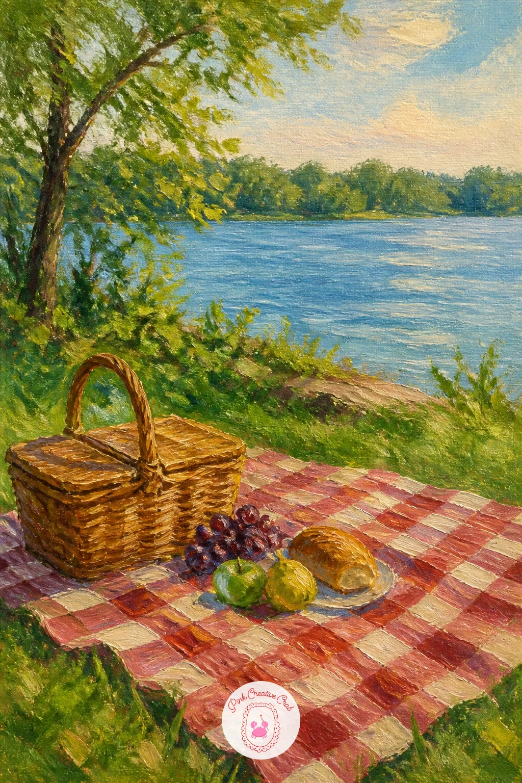 Picnic on the Grassy Lakeshore — Bring the water's edge to life with a small picnic spread on the grass. Lake painting