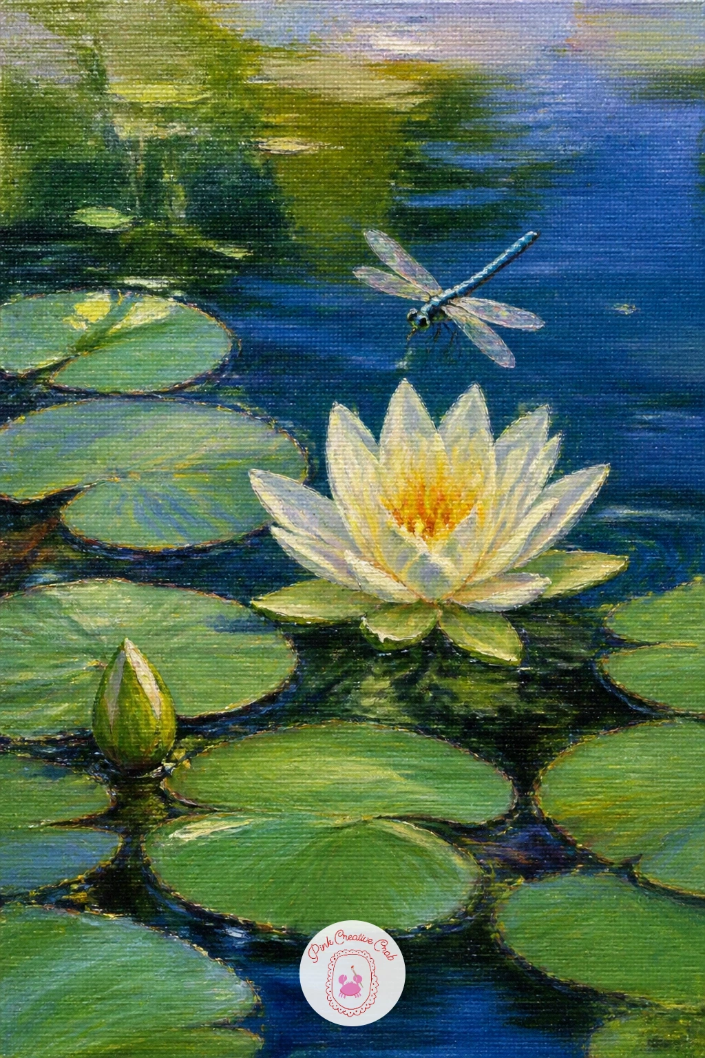 Water Lilies With a Dragonfly — Move closer to the surface now for water lilies with a dragonfly hovering above them. Lake painting