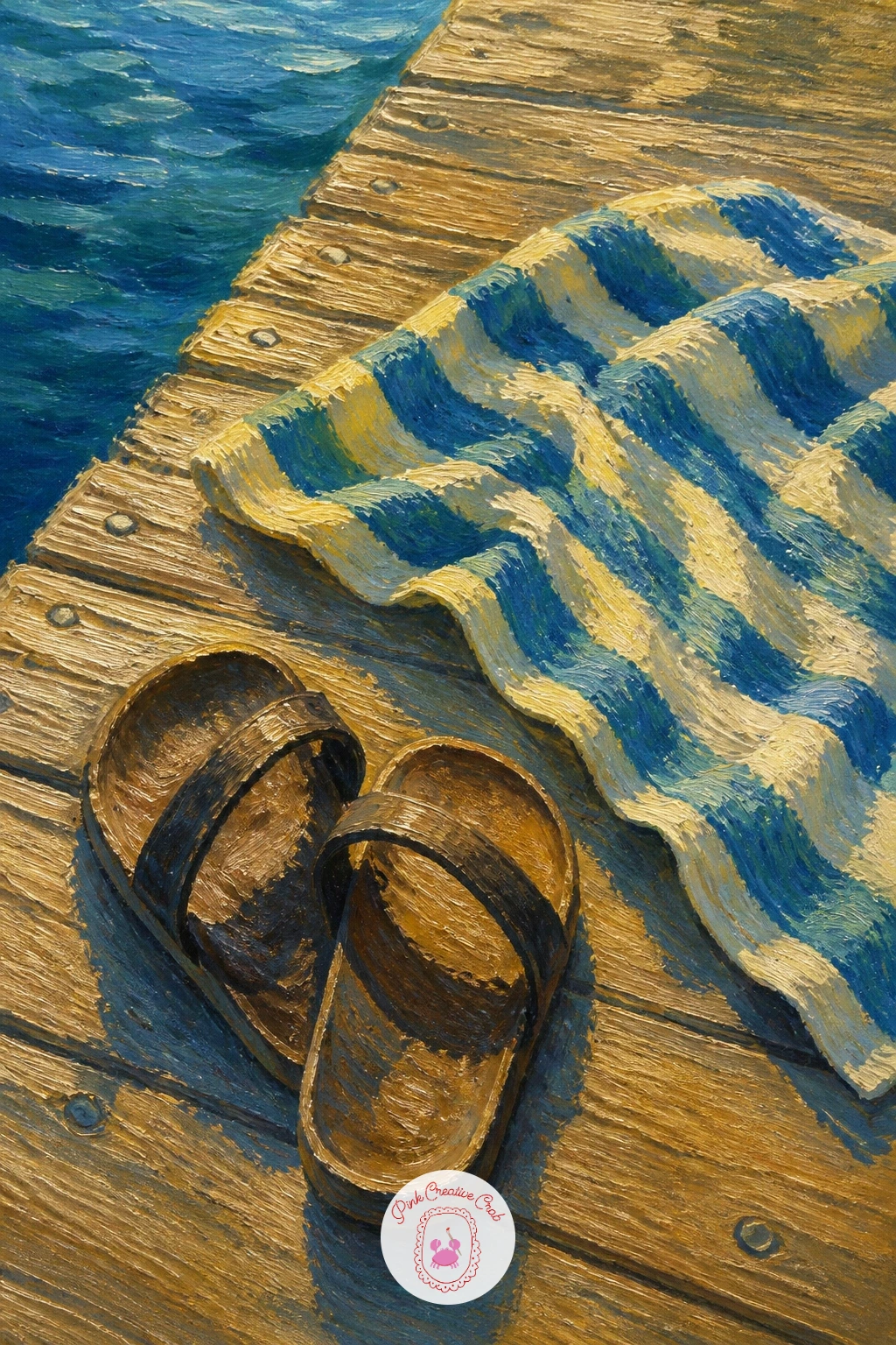 Towel and Sandals on the Dock — Zoom in tighter for a quiet still life: a towel and sandals left behind on sun warmed dock boards. Lake painting