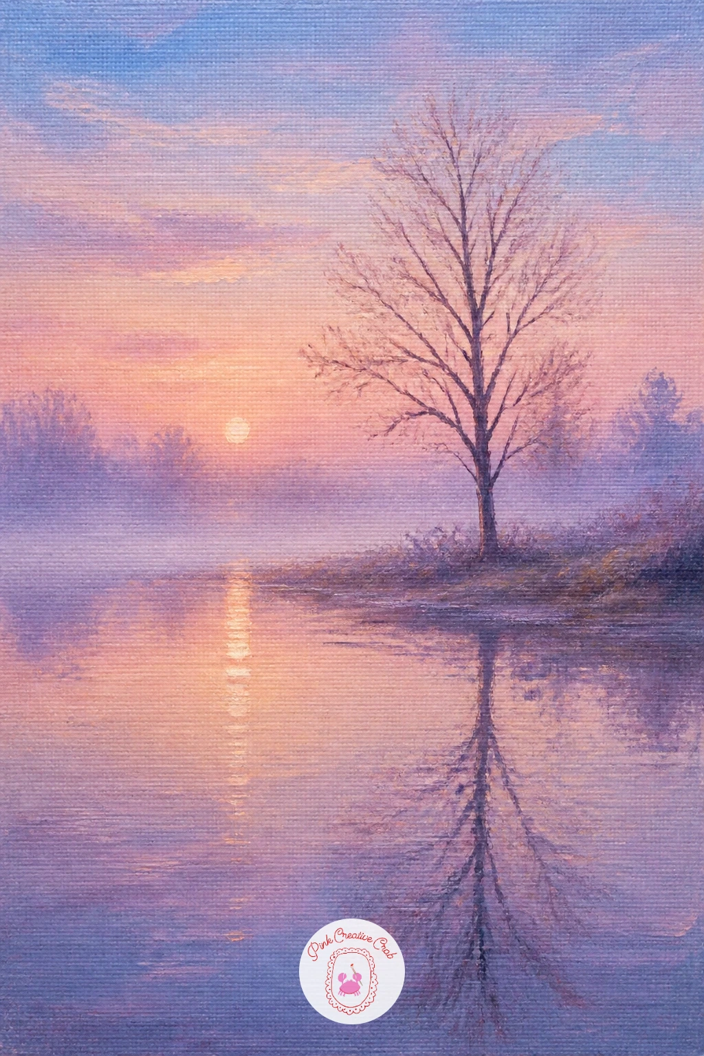 Misty Lake at Dawn With a Lone Tree — Return to a quieter mood with a single tree standing alone in dawn mist over the lake. Lake painting