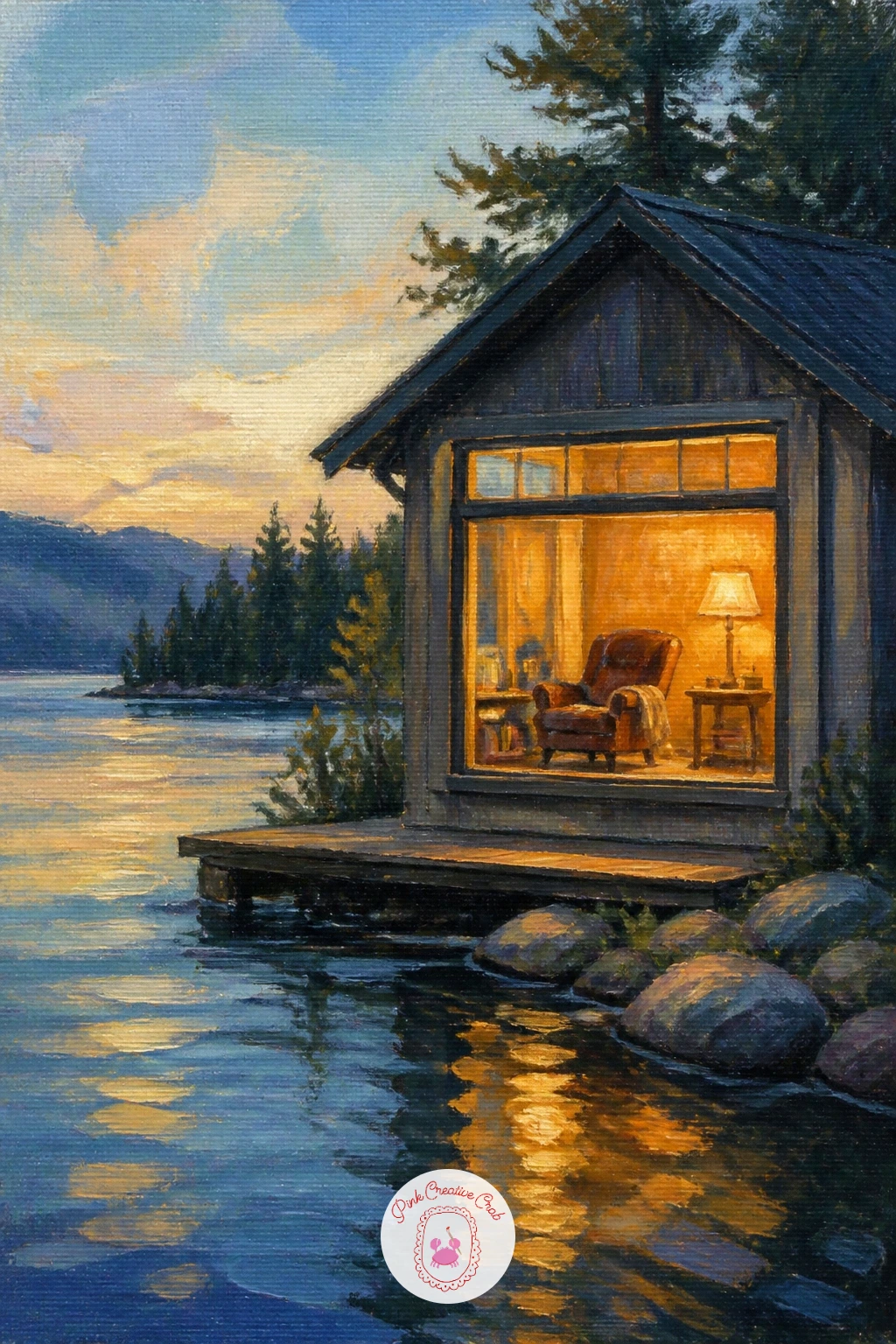 Lake House With a Big Window — Bring the viewer indoors next for a lake house seen from outside, its big window glowing with a reading chair just visible