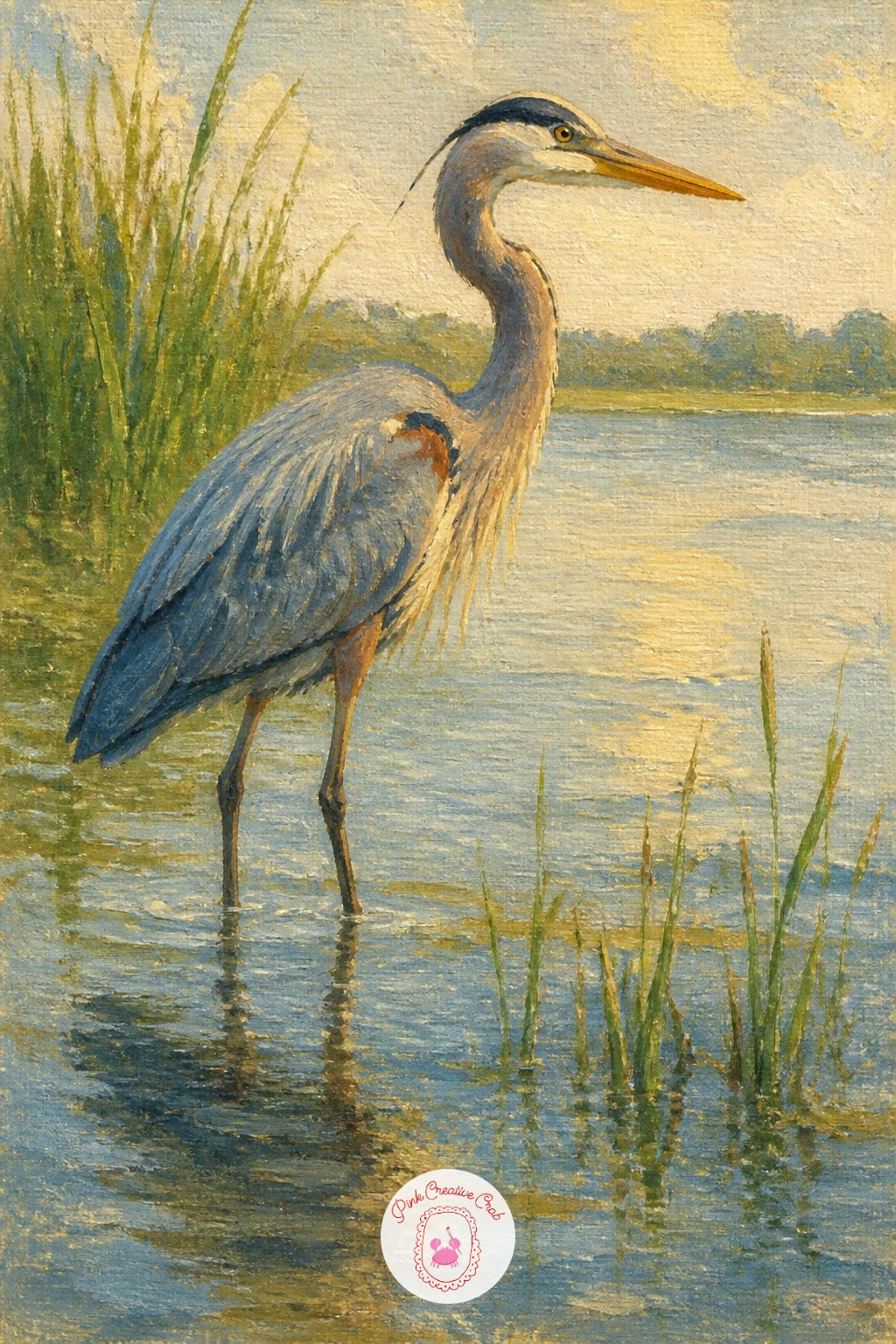 Heron Fishing in the Shallows — Add some quiet wildlife with a heron standing stock still in the shallows. Lake painting