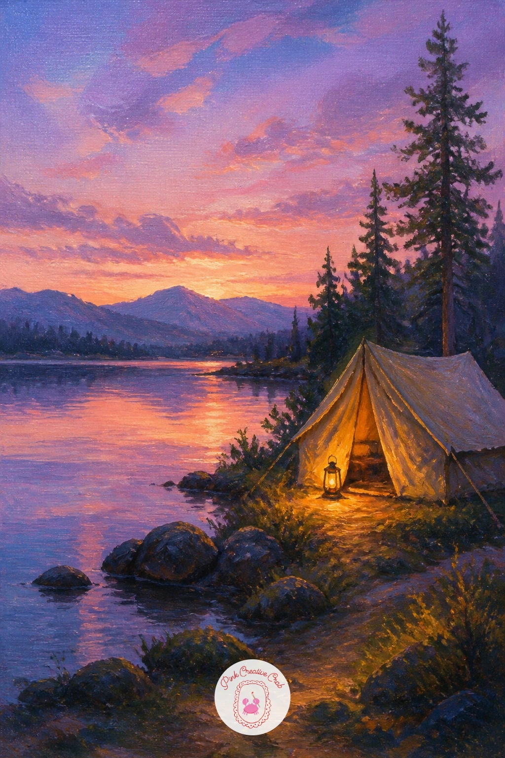 Lakeside Tent With a Lantern at Dusk — Shift toward evening with a small tent pitched by the water, a lantern glowing beside it at pastel dusk. Lake painting
