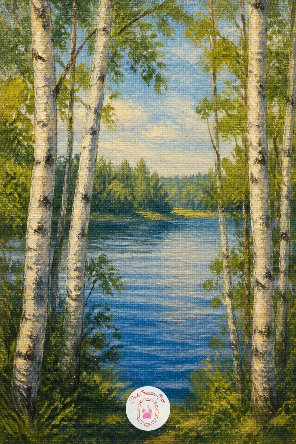 Lake Framed by White Birch Trees — Return to a daylight scene framed by a stand of white birch along the shore. Lake painting