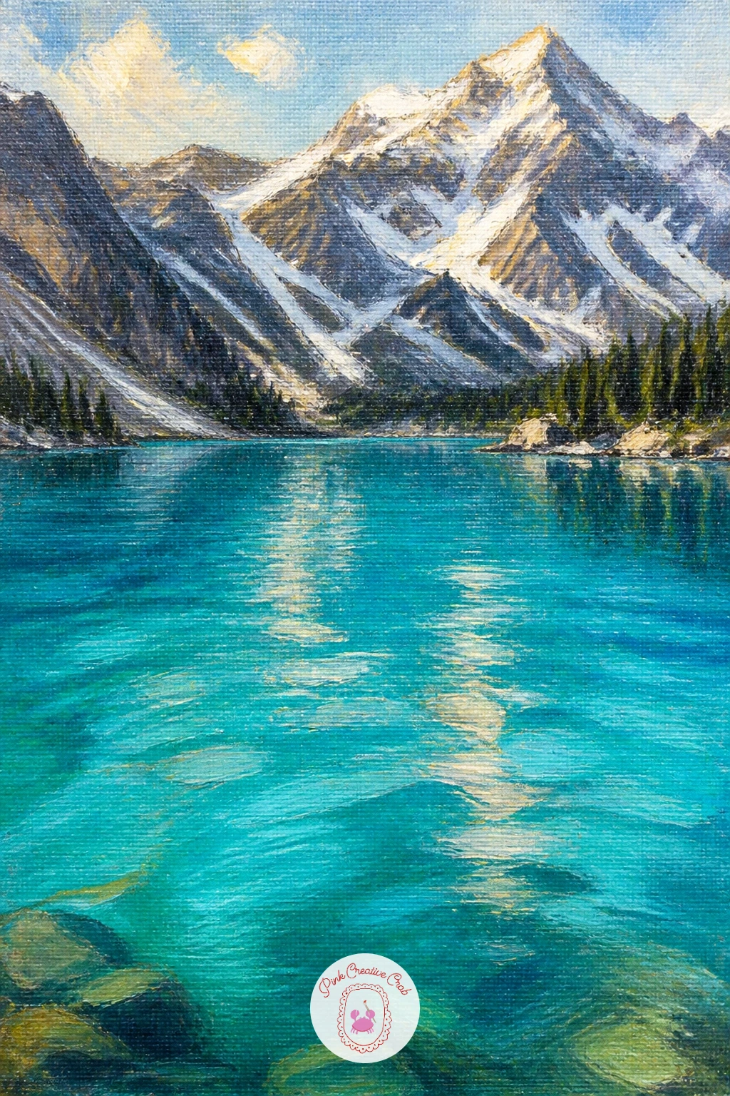 Turquoise Mountain Lake Under Snowy Peaks — Push the color further now with a turquoise alpine lake beneath snow capped peaks. Lake painting