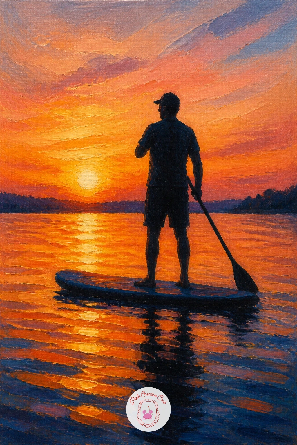 Paddleboarder at Sunset — Bring a human figure back in with a paddleboarder silhouetted against a setting sun. Lake painting