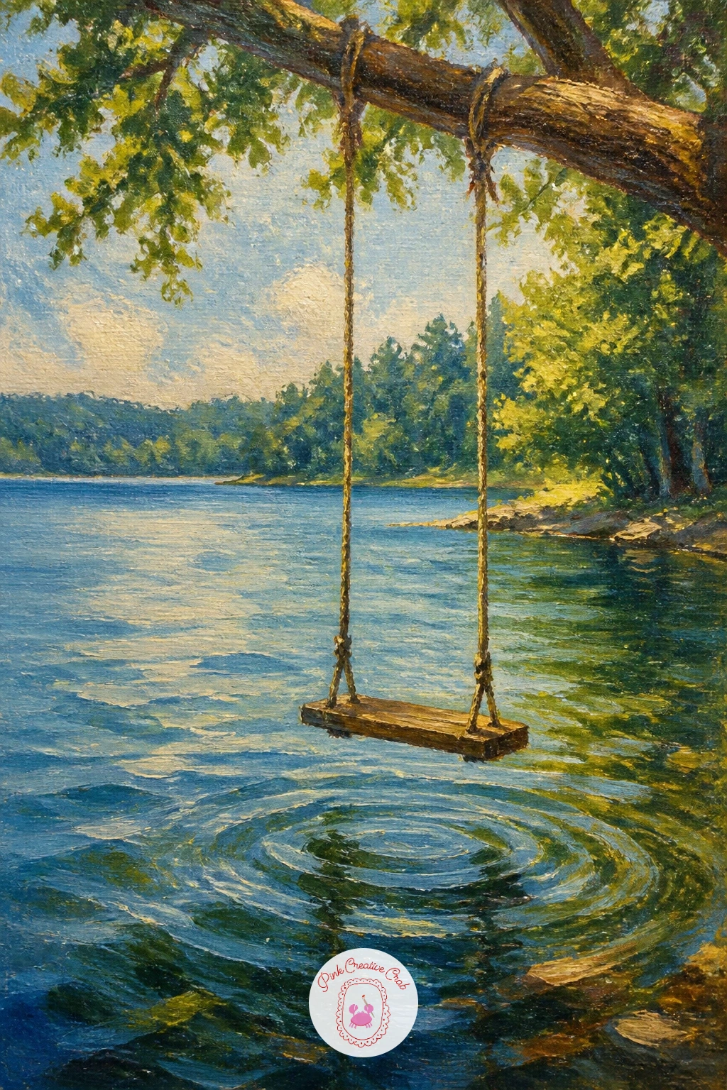 Rope Swing Over the Water — Keep the energy playful with a rope swing hanging out over the lake from an overhanging branch. Lake painting