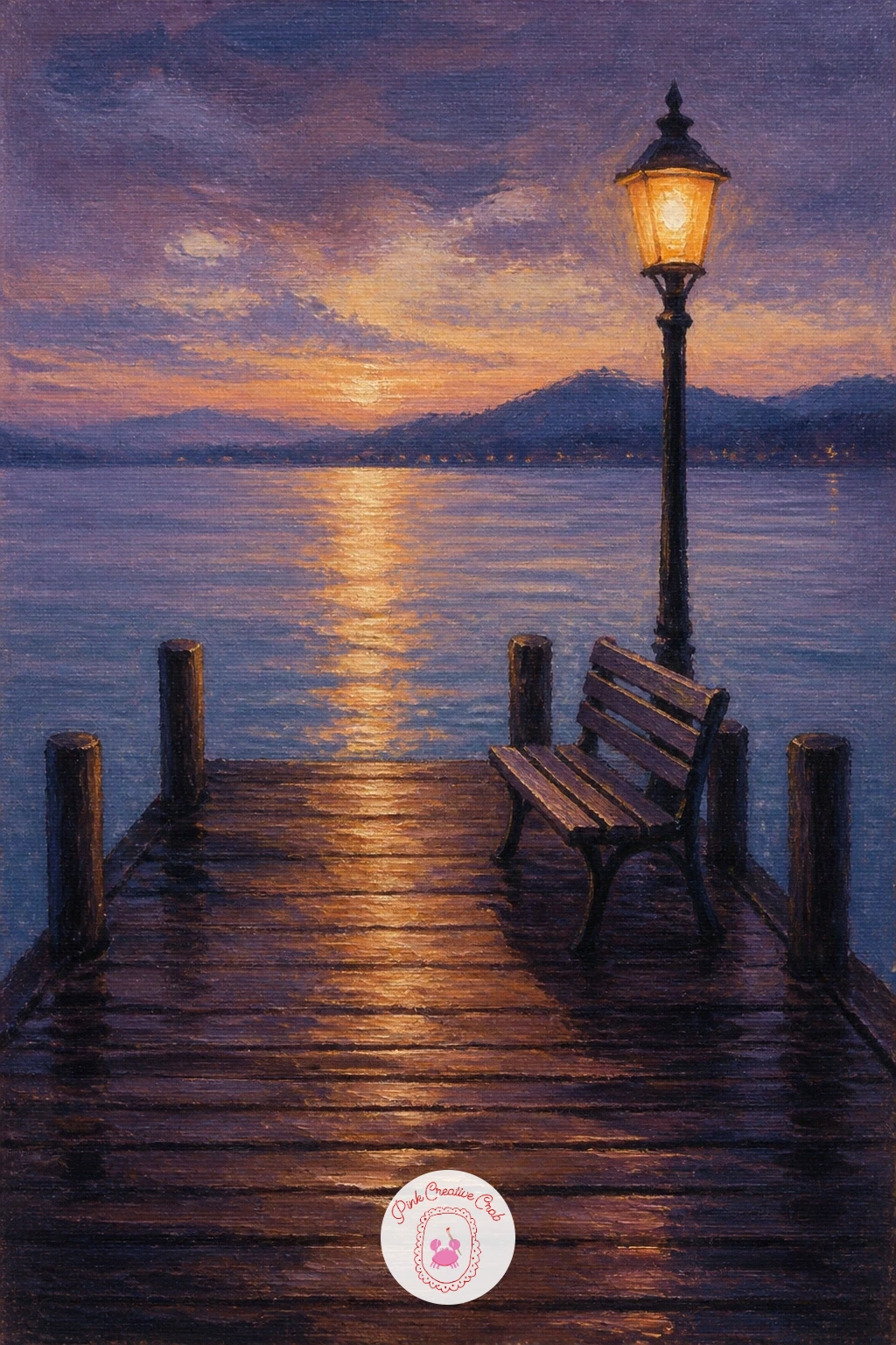 Pier With a Lantern and a Bench — Slow things down again with a pier holding just a lantern and a single bench. Lake painting