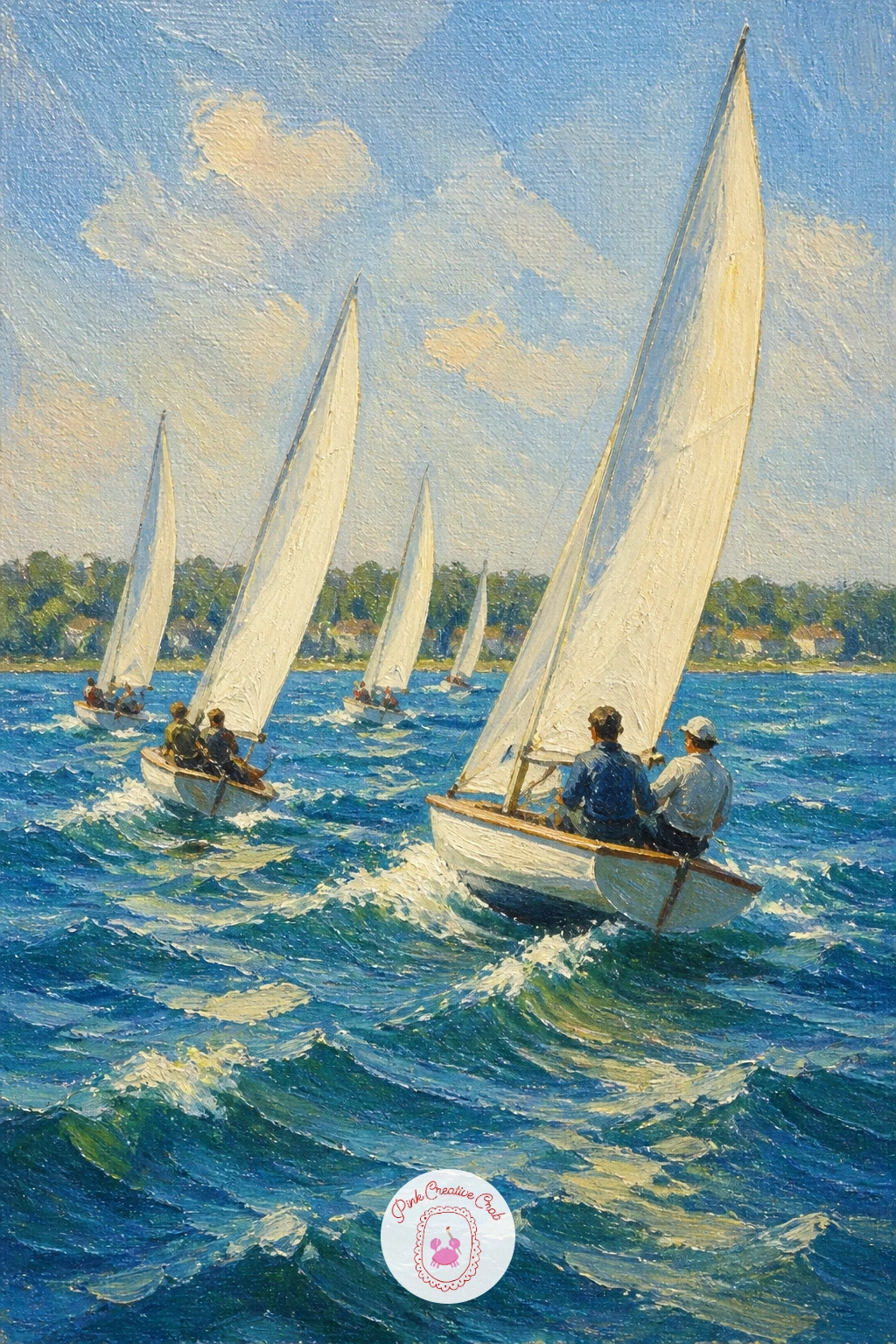 Sailboats Racing at Midday — Pick the pace back up with several sailboats racing across the lake in bright midday light. Lake painting