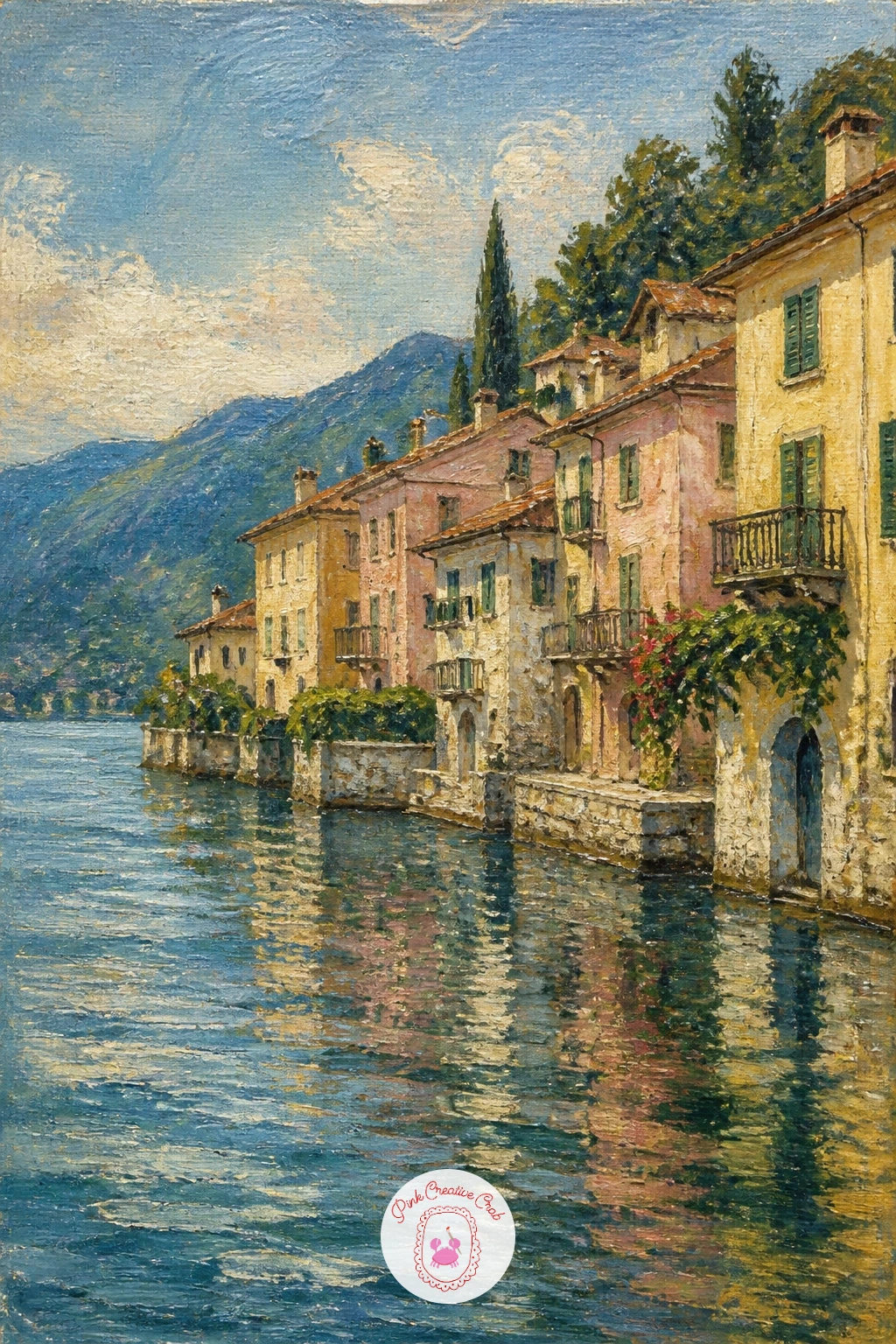 Italian Lake Village With Pastel Houses — Take the scene somewhere further afield with a cluster of pastel houses stacked along an Italian lake shore. Lake