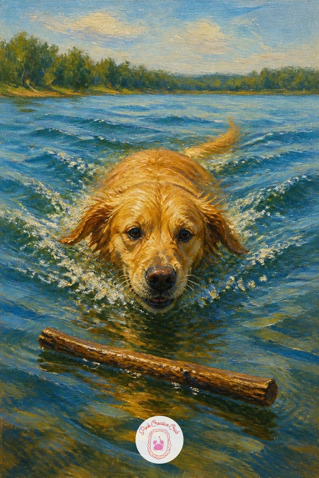 Dog Swimming After a Stick — Bring some joyful motion in with a dog swimming hard after a stick thrown into the lake. Lake painting