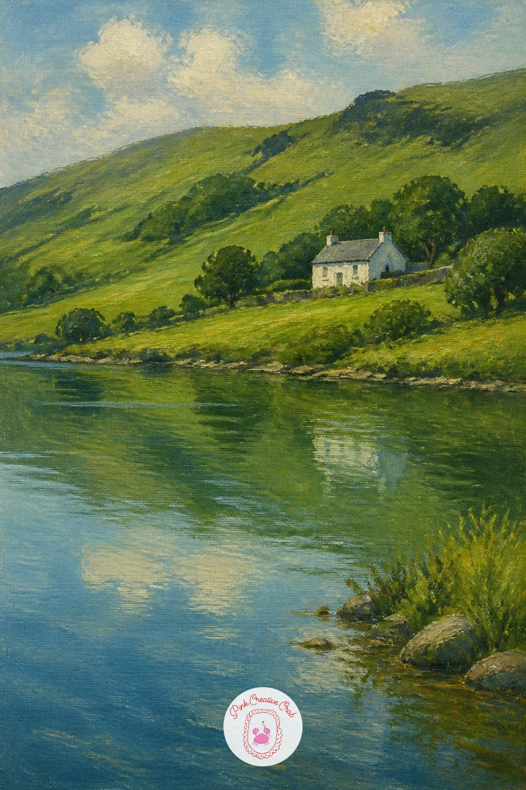Lake With Green Hills and a White Farmhouse — Widen out again for a pastoral scene: rolling green hills around the lake with a small white farmhouse tucked