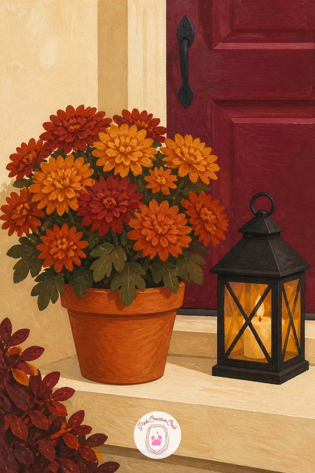 Bronze Mums on a Doorstep — Start your chrysanthemum painting journey with something sturdy and welcoming: a pot of bronze mums sitting on a doorstep beside a