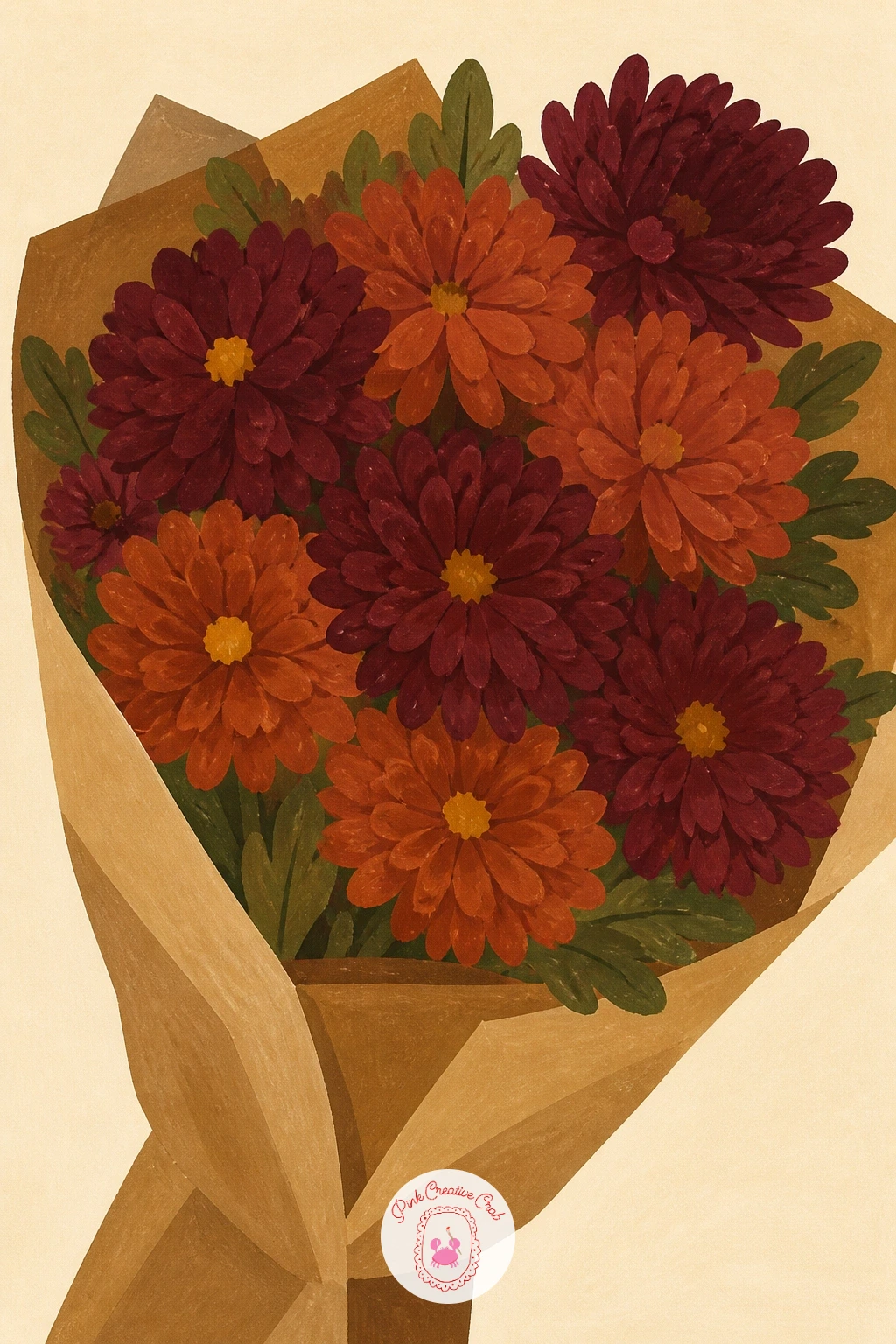 Rust and Burgundy Mums Wrapped in Paper — Bundle things up next with a bouquet of rust and burgundy mums wrapped in brown paper, the kind you might carry home