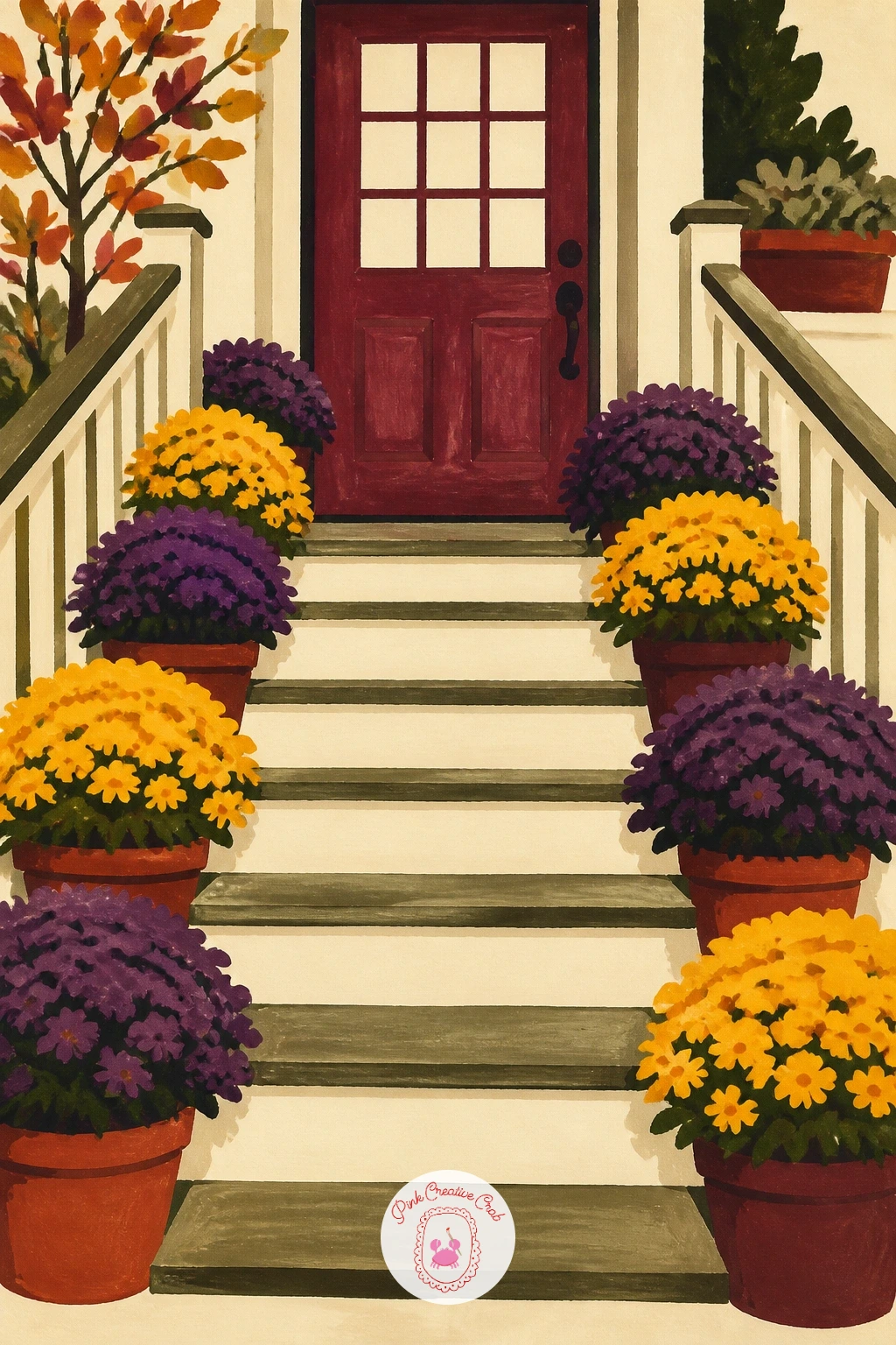 Porch Steps Lined with Yellow and Purple Mums — Widen the view for porch steps lined with pots of yellow and purple mums marching up toward a front door.
