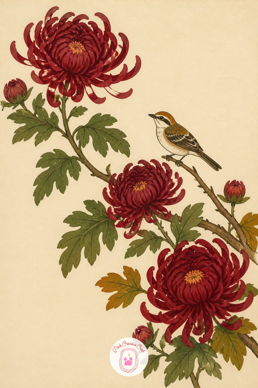 Japanese Chrysanthemum Branch With a Small Bird — Borrow from classic Japanese painting for a chrysanthemum branch with a small bird perched among the blooms.
