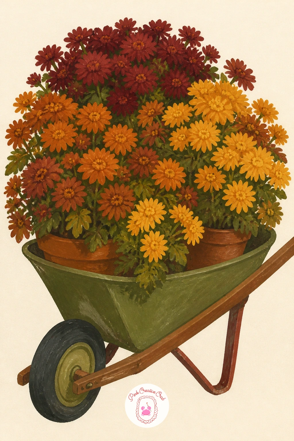 Wheelbarrow of Potted Mums at a Garden Center — Fill a wheelbarrow with potted mums next, parked as if at a garden center on a crisp fall morning.