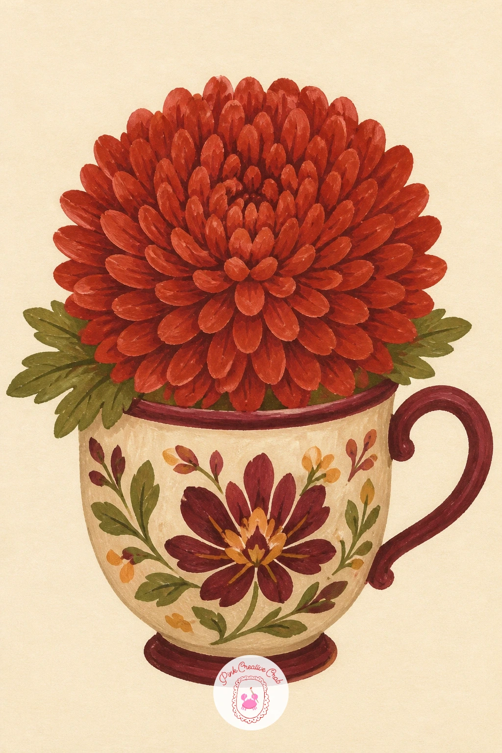 Pompom Chrysanthemum in a Teacup — Scale right back down for a single pompom chrysanthemum resting in a teacup, a quiet little still life you can finish