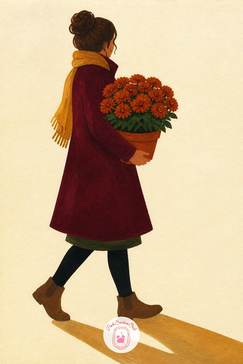 Woman Carrying a Pot of Mums Home — Add a figure for the first time with a woman carrying a pot of mums home, her coat and the flowers both catching the low