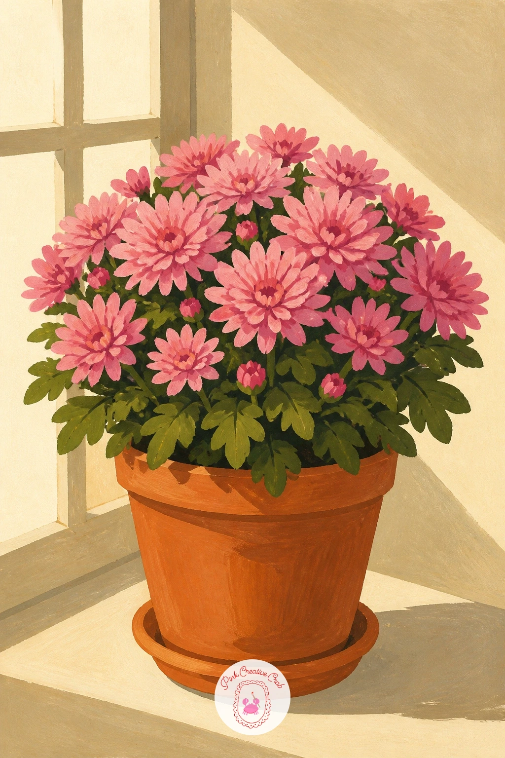 Pink Cushion Mums in a Terracotta Planter — Settle back into stillness with pink cushion mums in a terracotta planter sitting on a windowsill. Chrysanthemum